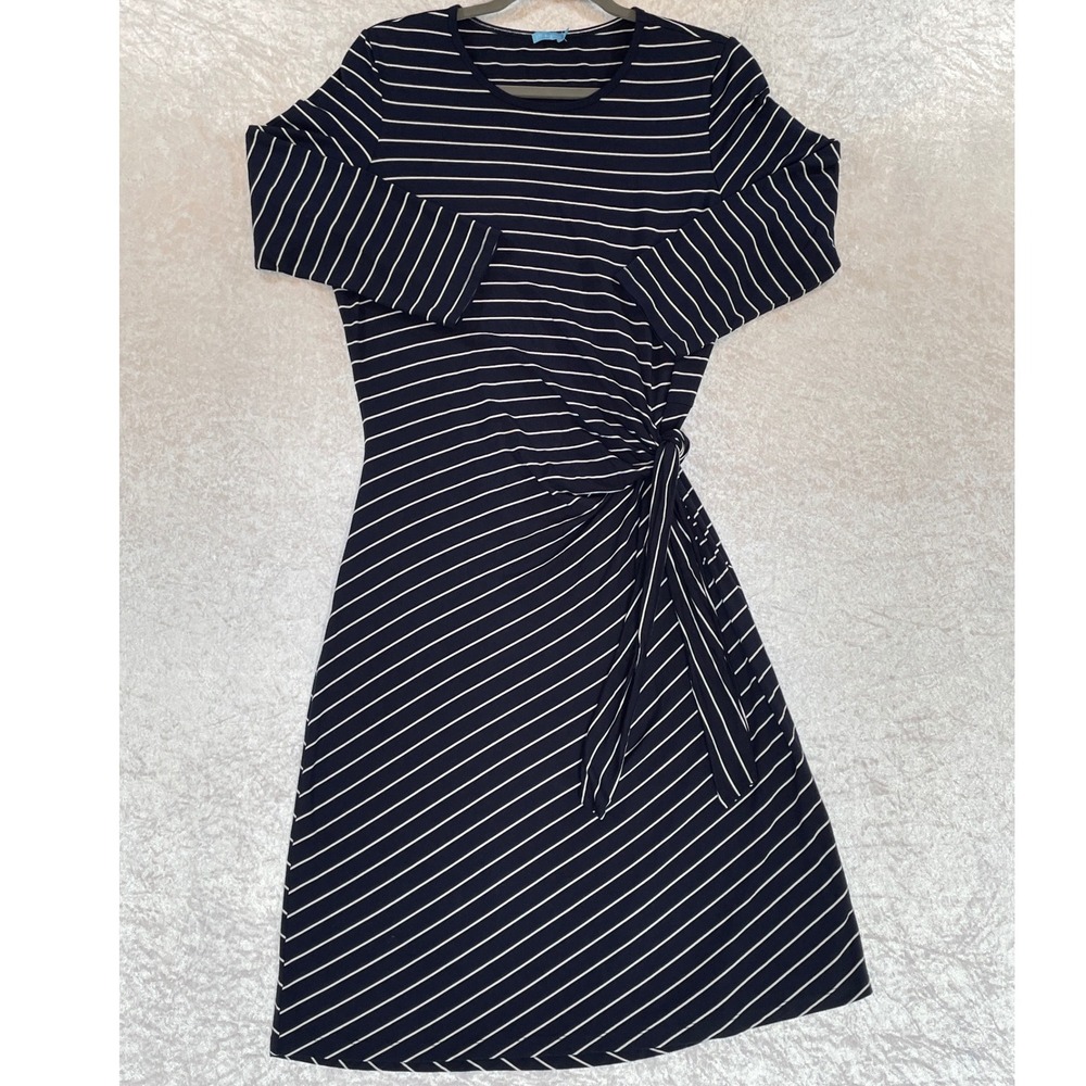 J.McLaughlin Dress Women M Navy Blue Excellent Striped Faux Wrap 3/4 Sleeve
